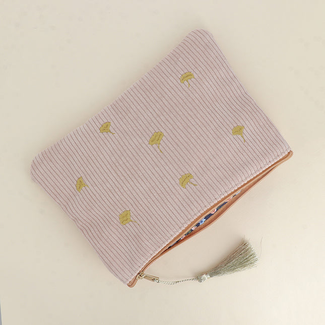 Trousse - petits ginkgos - velours côtelé - 20 x 14 cm