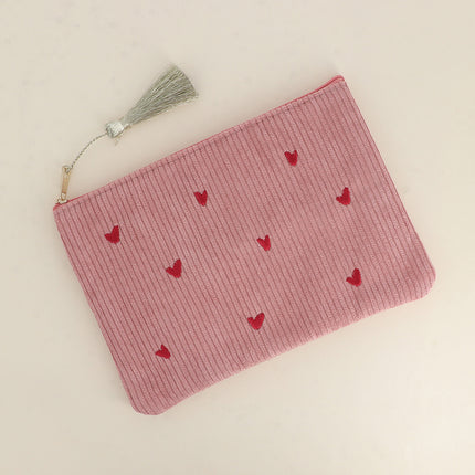 Pencil case - small hearts - corduroy - 20 x 14 cm