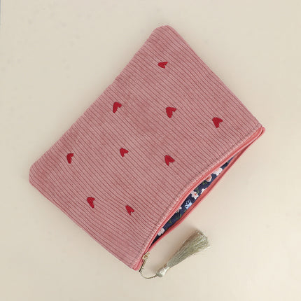 Pencil case - small hearts - corduroy - 20 x 14 cm
