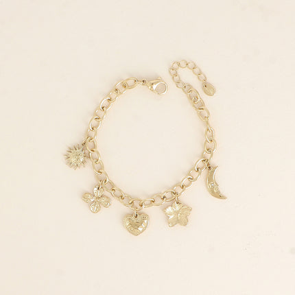 Bracelet Soléa - soleil, coeur, lune, fleur et trèfle
