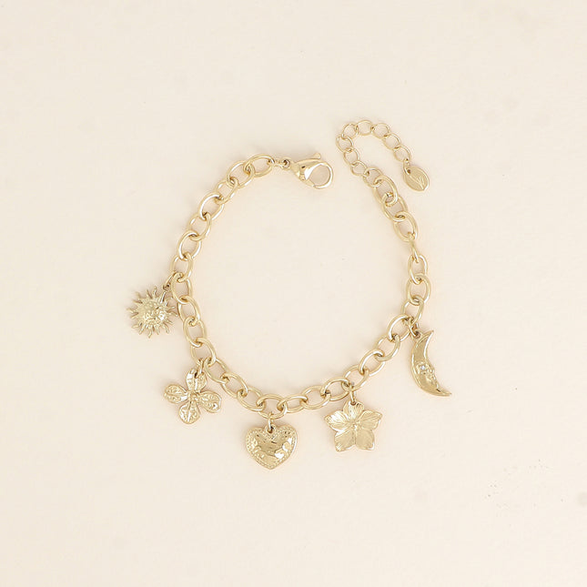 Bracelet Soléa - soleil, coeur, lune, fleur et trèfle