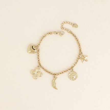 Bracelet Aglia - soleil, coeur, lune, fleur émaillée, étoile et trèfle