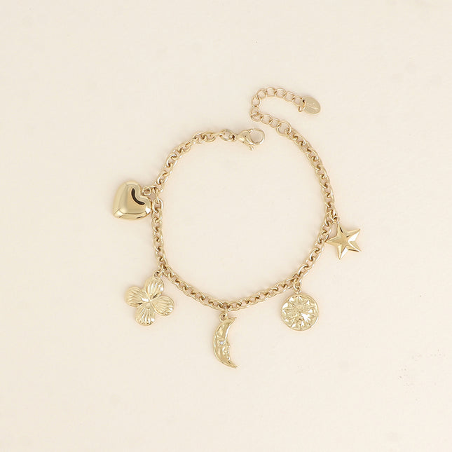 Bracelet Aglia - soleil, coeur, lune, fleur émaillée, étoile et trèfle