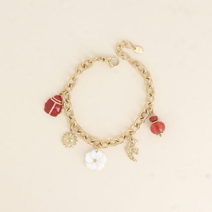 Bracelet Idalie - perles, oiseau, soleil, fleur nacrée, coccinelle émaillée