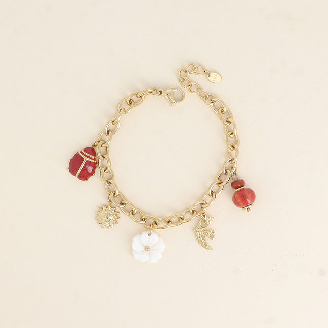 Idalie Bracelet - beads, bird, sun, mother-of-pearl flower, enameled ladybug