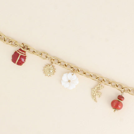 Bracelet Idalie - perles, oiseau, soleil, fleur nacrée, coccinelle émaillée