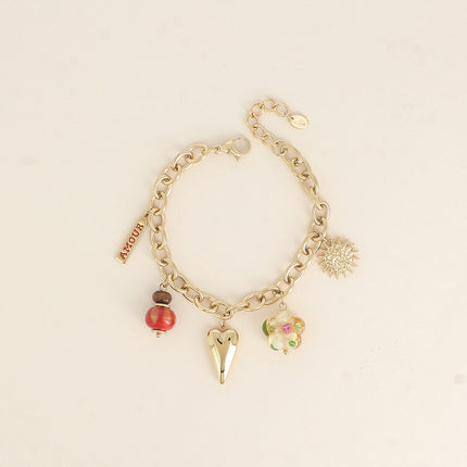 Bracelet - coeur, fleur en résine, plaquette AMOUR en émail, soleil et perle