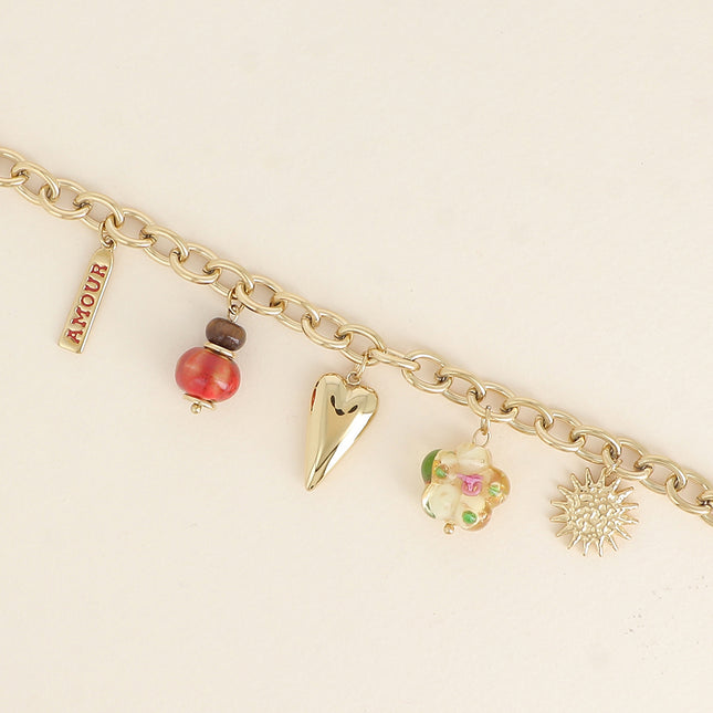 Bracelet - coeur, fleur en résine, plaquette AMOUR en émail, soleil et perle