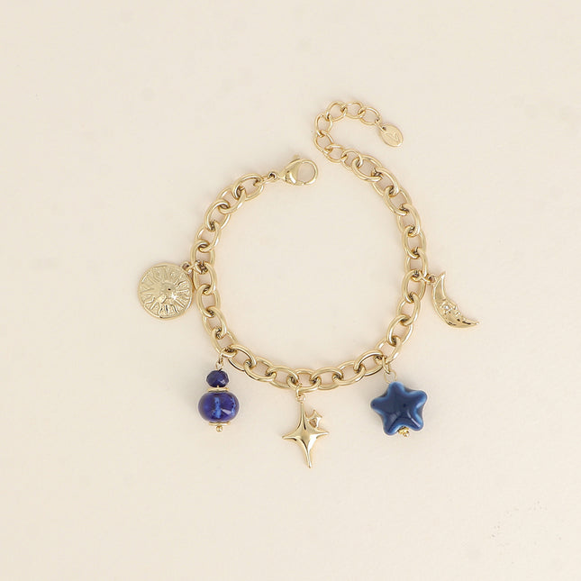 Bracelet Lysiane - soleil, perles, lune, étoile et trèfle