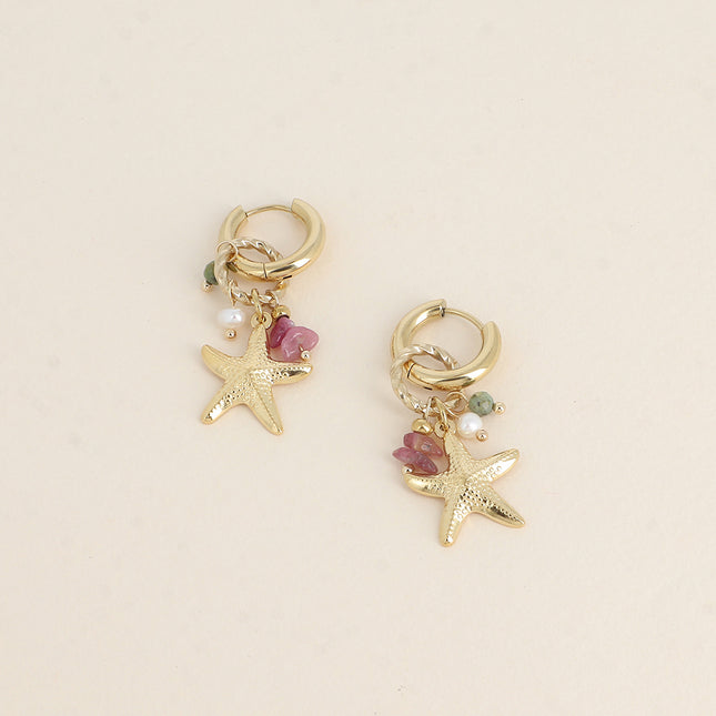 Ocean Creole Earrings - starfish, natural stones and small freshwater pearl