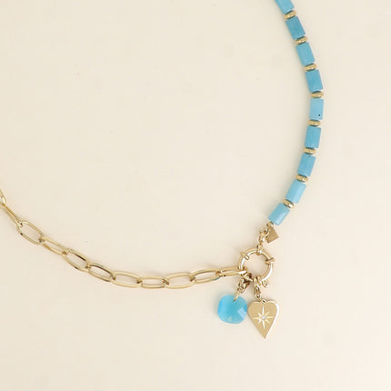 Collier - maille ovale, pierres naturelles et 2 charms Bohm