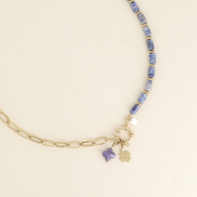 Collier - maille ovale, pierres naturelles et 2 charms Bohm