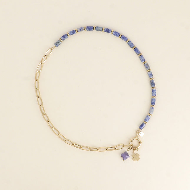Collier - maille ovale, pierres naturelles et 2 charms Bohm