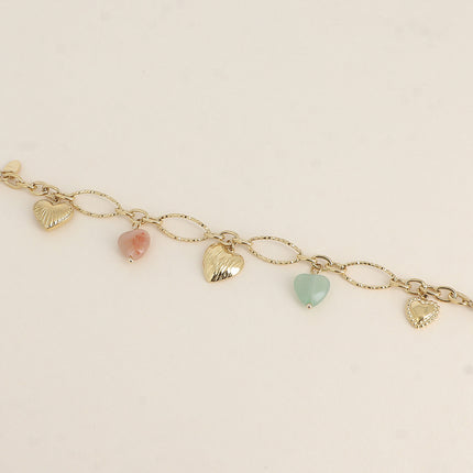 Bracelet - breloques coeurs en acier et en pierre naturelle
