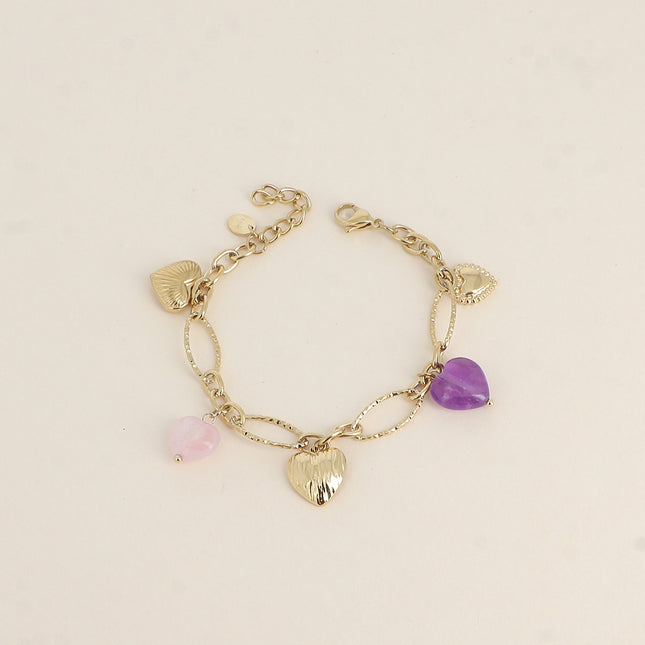 Bracelet - heart charms in steel and natural stone