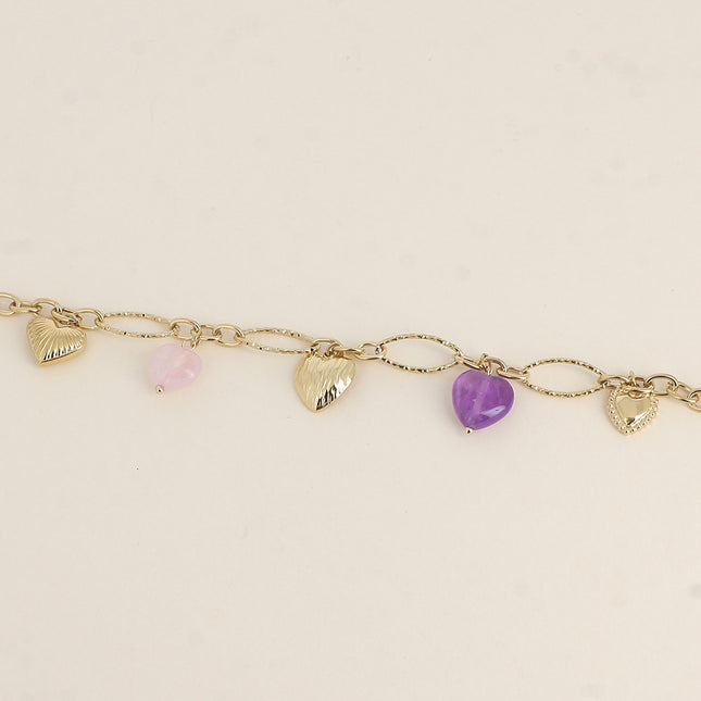 Bracelet - heart charms in steel and natural stone