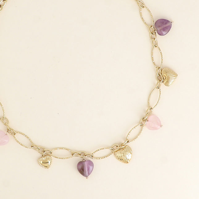 Necklace - heart charms in steel and natural stone