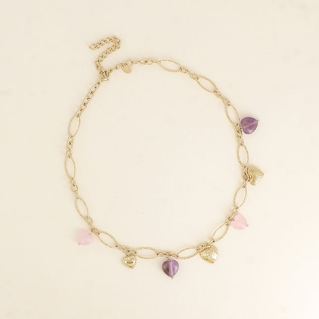 Necklace - heart charms in steel and natural stone