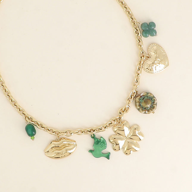 Necklace - natural stone clover, hammered heart, glazed ceramic flower, clover, resin bird, mouth and natural stone