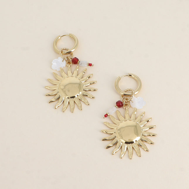 Creole earrings - sunburst, mother-of-pearl leaf, natural stones