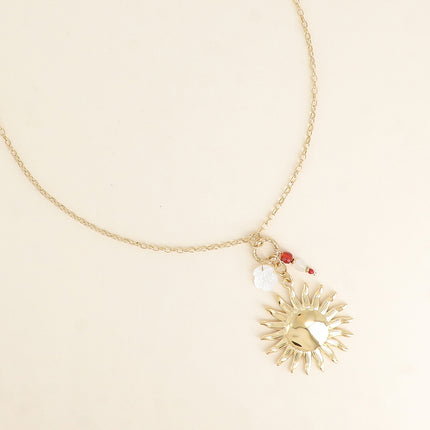 Collier - soleil, feuille nacrée, pierres naturelles