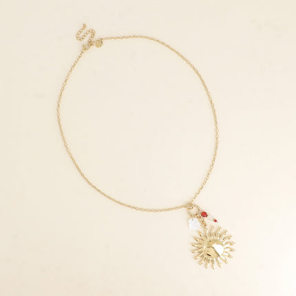 Collier - soleil, feuille nacrée, pierres naturelles