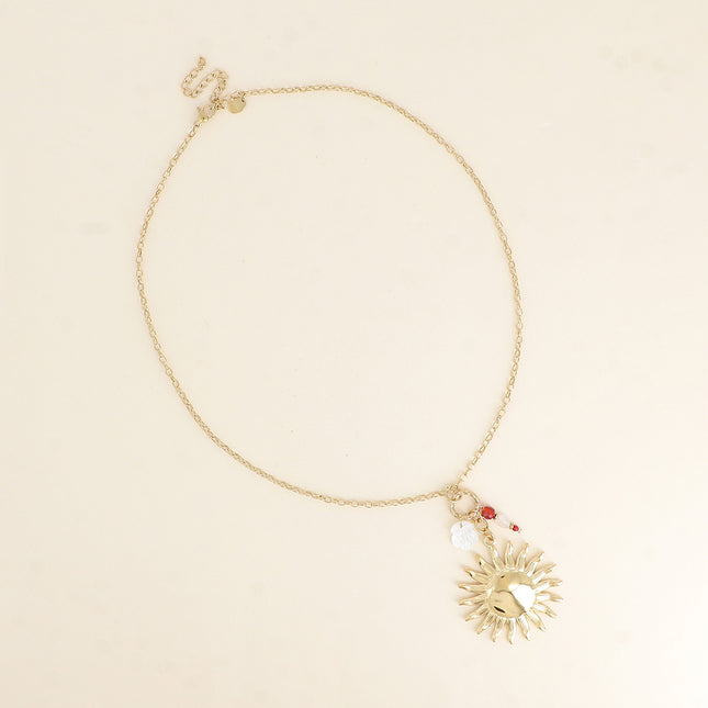 Necklace - sun, mother-of-pearl leaf, natural stones