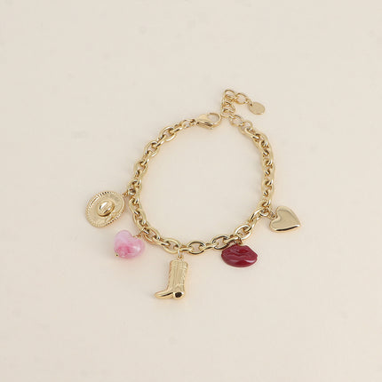 Bracelet Moïra - chapeau, coeur perlé, botte, lèvres émaillées, coeur