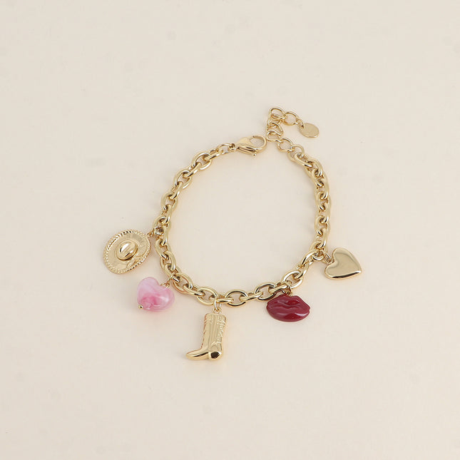Bracelet Moïra - chapeau, coeur perlé, botte, lèvres émaillées, coeur