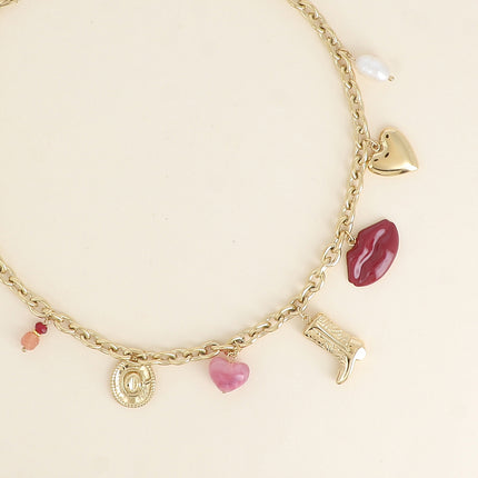 Collier Moïra - chapeau, coeur perlé, botte, lèvres émaillées, coeur