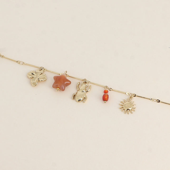 Bracelet - flower, resin star, natural stones, scarab, sun