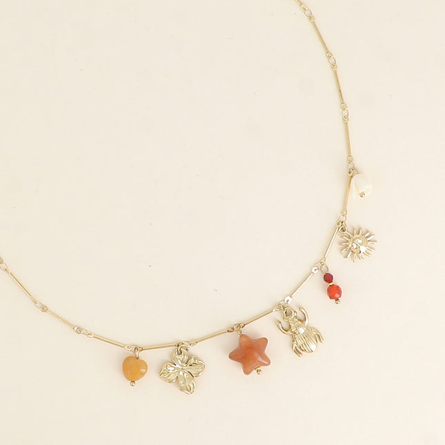 Necklace - flower, resin star, natural stones, scarab, sun