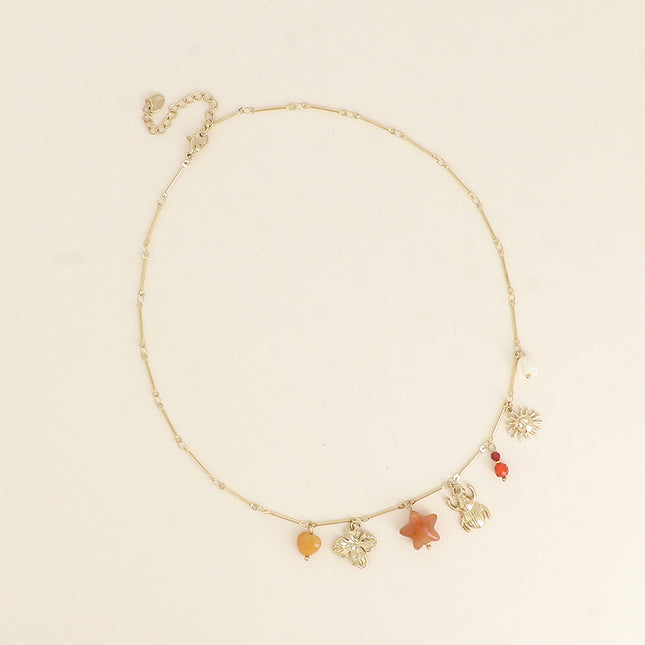 Necklace - flower, resin star, natural stones, scarab, sun