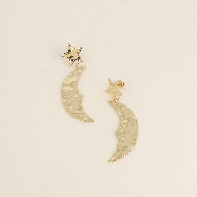 Hammered moon and star drop earrings