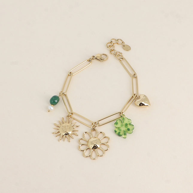Bracelet - pierres naturelles, fleur, soleil, trèfle en résine, coeur martelé