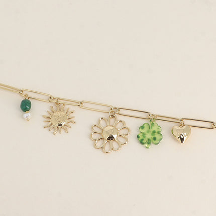 Bracelet - pierres naturelles, fleur, soleil, trèfle en résine, coeur martelé