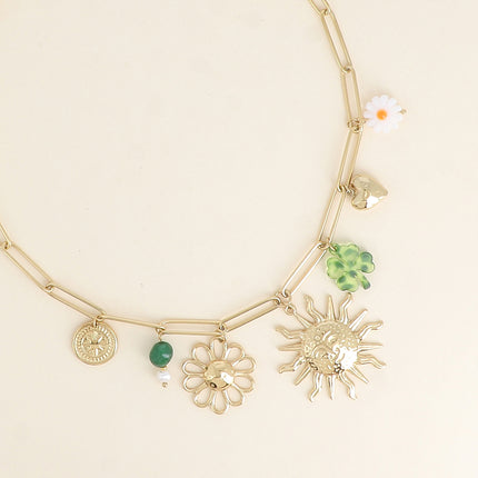 Collier - pierres naturelles, fleur, soleil, trèfle en résine, coeur martelé