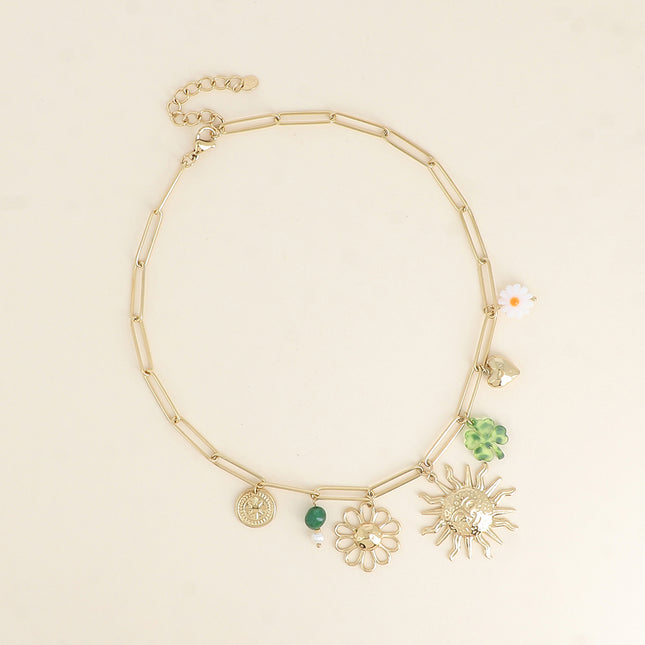 Necklace - natural stones, flower, sun, resin clover, hammered heart