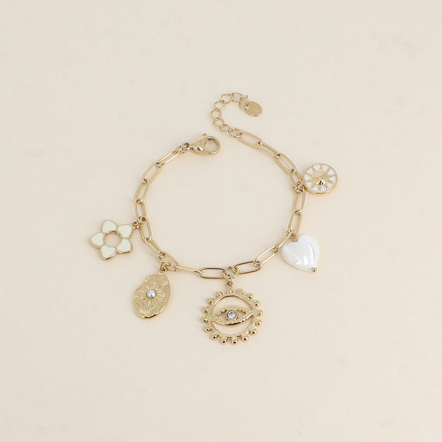 Bracelet - fleur en émail, soleils, coeur nacré, oeil