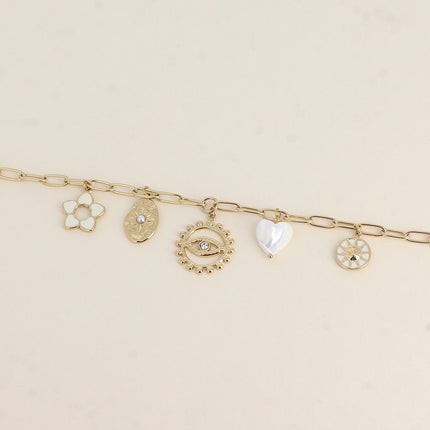 Bracelet - fleur en émail, soleils, coeur nacré, oeil