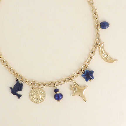 Collier Lysiane - soleil, perles, lune, étoile et trèfle