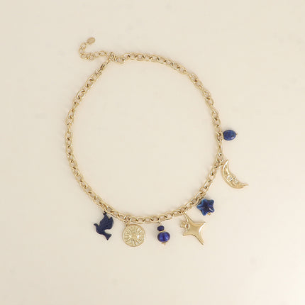 Collier Lysiane - soleil, perles, lune, étoile et trèfle