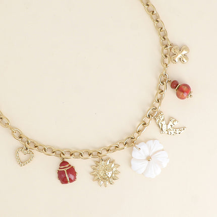 Collier Idalie - perles, oiseau, soleil, fleur nacrée, coccinelle émaillée