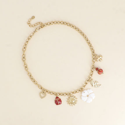 Collier Idalie - perles, oiseau, soleil, fleur nacrée, coccinelle émaillée