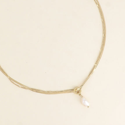 Collier 2 rangs - maille forçat et miroir, perle d'eau douce