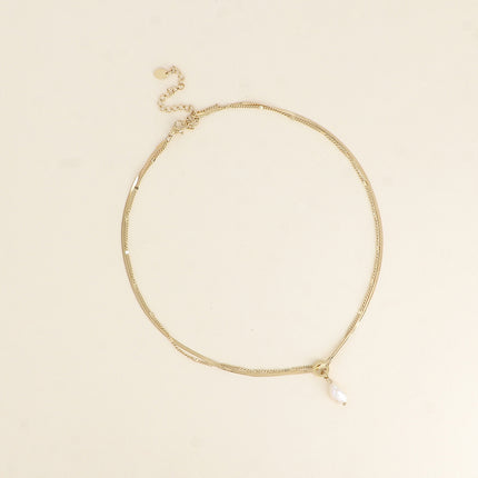 Collier 2 rangs - maille forçat et miroir, perle d'eau douce