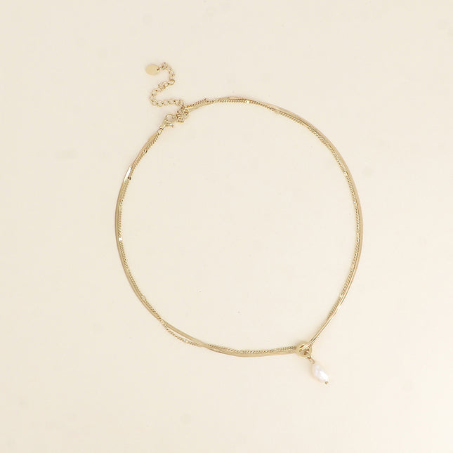 Collier 2 rangs - maille forçat et miroir, perle d'eau douce