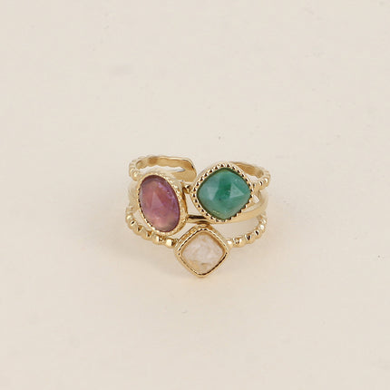 Bague Gaïa - 3 anneaux effet milgrain et 3 pierres naturelles carrées et ovale