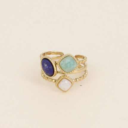 Bague Gaïa - 3 anneaux effet milgrain et 3 pierres naturelles carrées et ovale