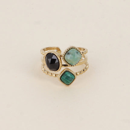 Bague Gaïa - 3 anneaux effet milgrain et 3 pierres naturelles carrées et ovale